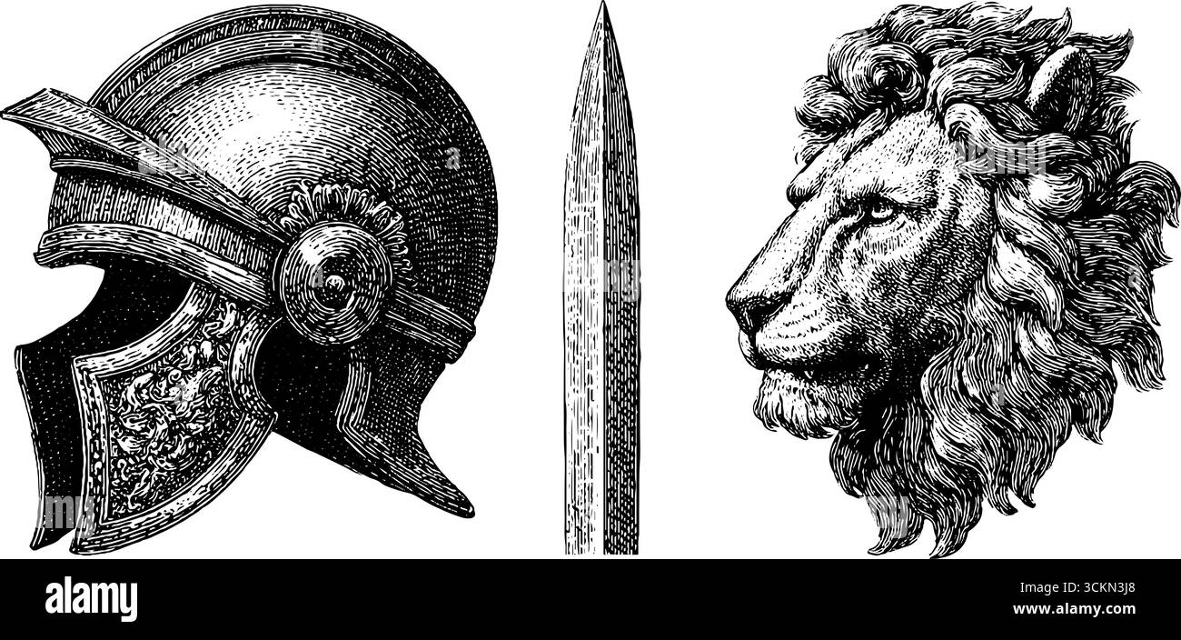 Illustrazioni incise dell'elmetto romano, della classica spada da gladiatore e del design della testa di leone. Illustrazione Vettoriale