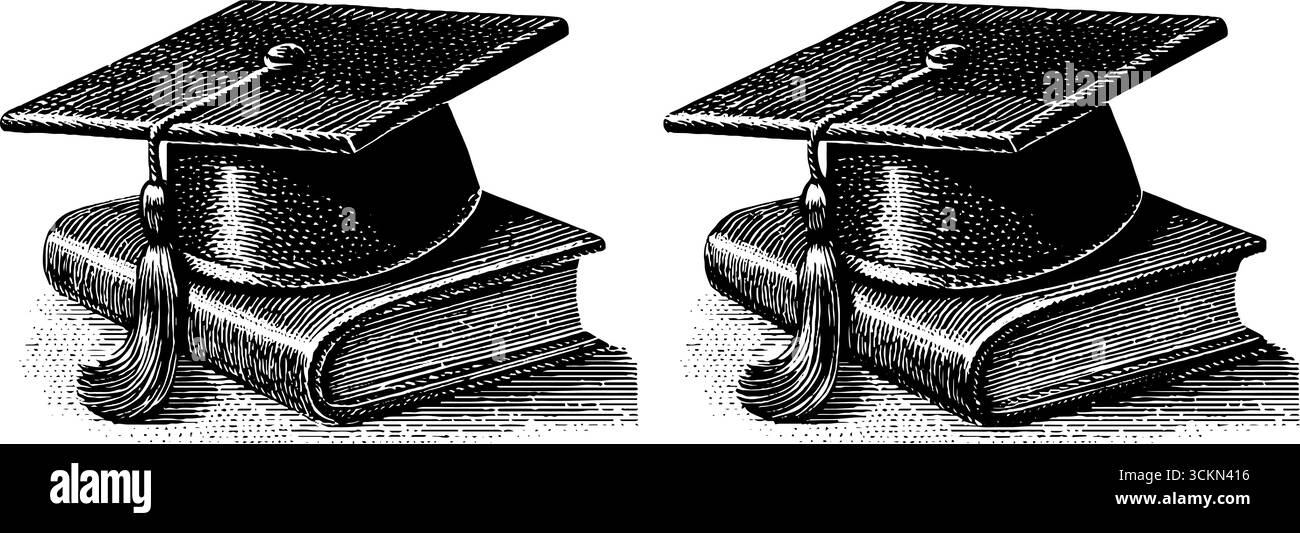 Set illustrativo con cappuccio graduato inciso per il design accademico e i temi educativi. Illustrazione Vettoriale