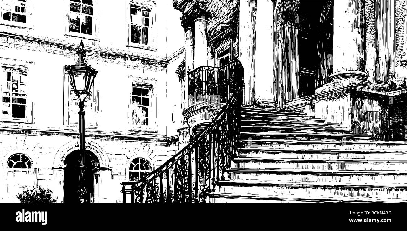 Incisione architettonica vintage di facciata profonda con dettagli scolpiti. Illustrazione Vettoriale