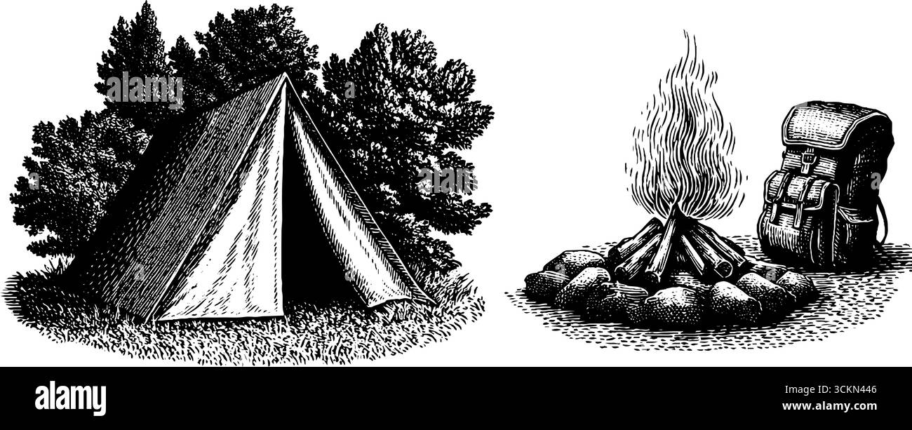 Ambientazione rustica all'aperto con tenda e falò per gli amanti del campeggio. Illustrazione Vettoriale