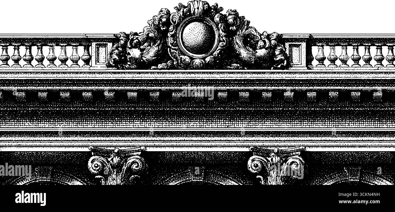 Facciata rinascimentale con incisioni con dettagli architettonici ornati per progetti di design storico. Illustrazione Vettoriale