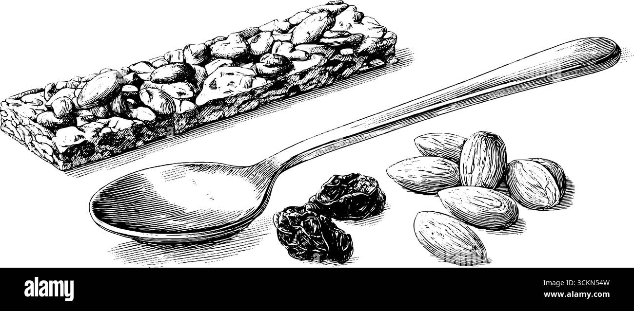 Illustrazione incisa di barretta di granola con mandorle, cucchiaio e uvetta per la salute e la nutrizione. Illustrazione Vettoriale