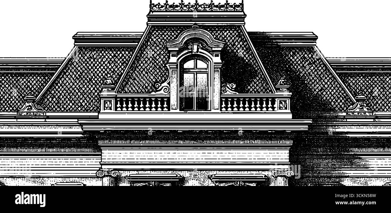 Intricata facciata vittoriana incisa con dettagli architettonici decorativi. Illustrazione Vettoriale