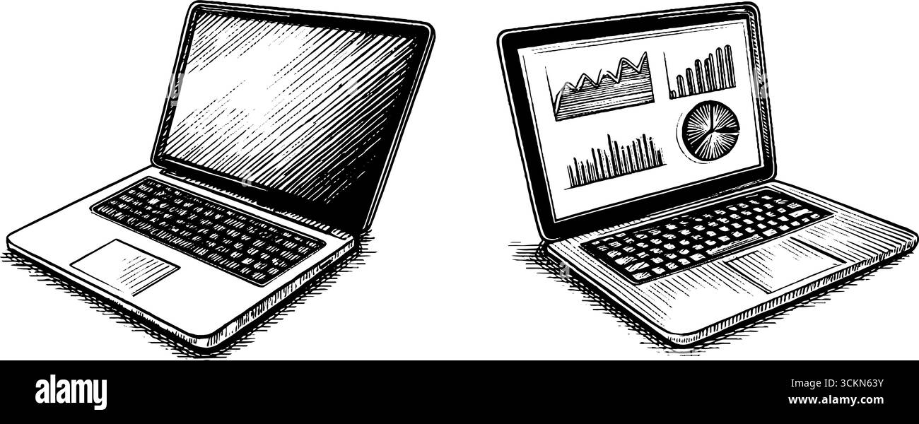 Illustrazione dettagliata incisa di notebook con schermate aperte che mostrano grafici. Illustrazione Vettoriale