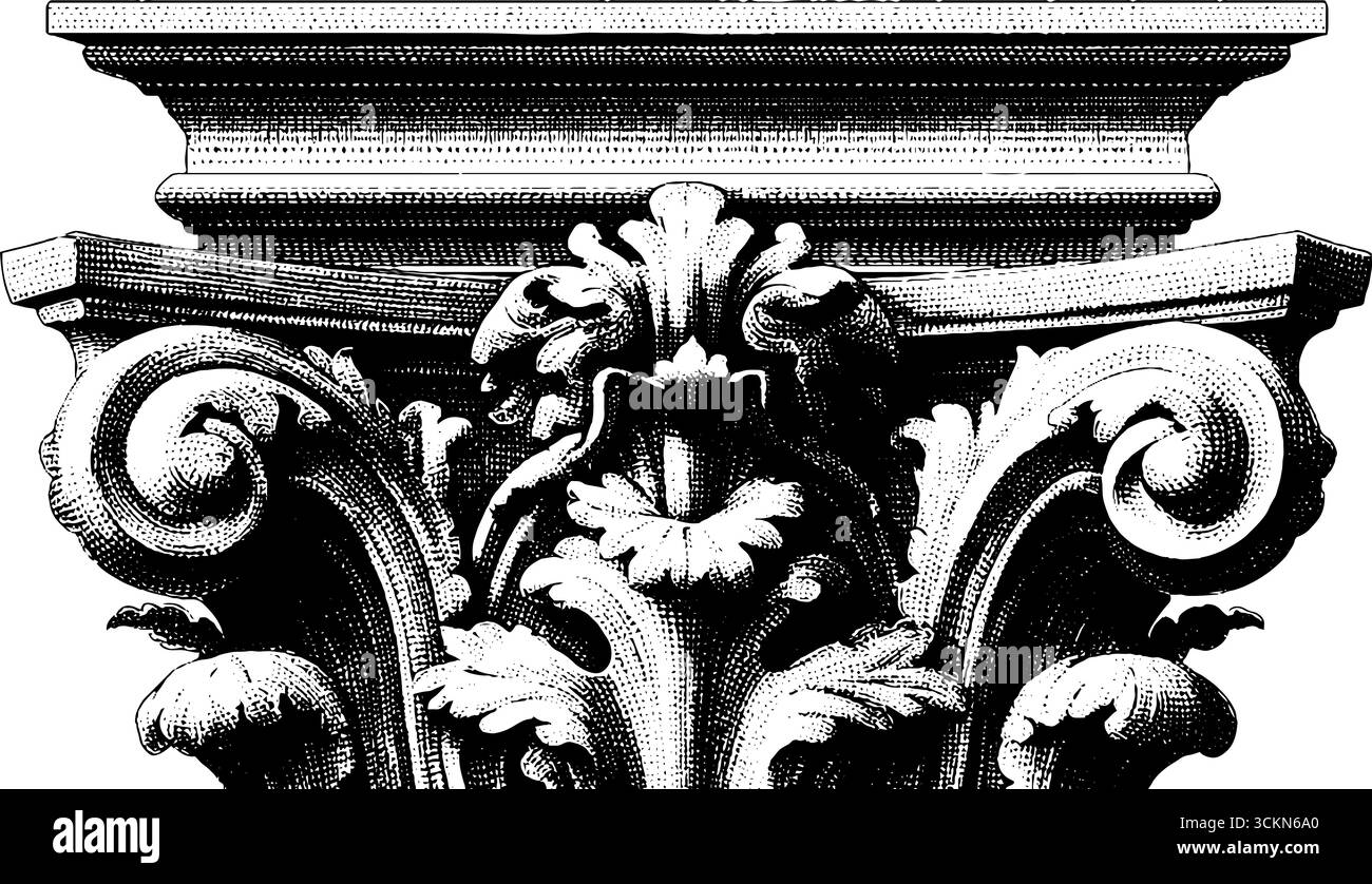 Intricate incisioni di facciata ornata dell'edificio con dettagli architettonici classici. Illustrazione Vettoriale