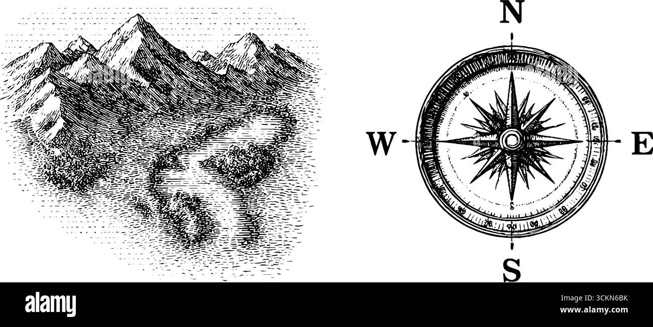 Illustrazione incisa della mappa logistica e della bussola per i progetti di progettazione della navigazione. Illustrazione Vettoriale