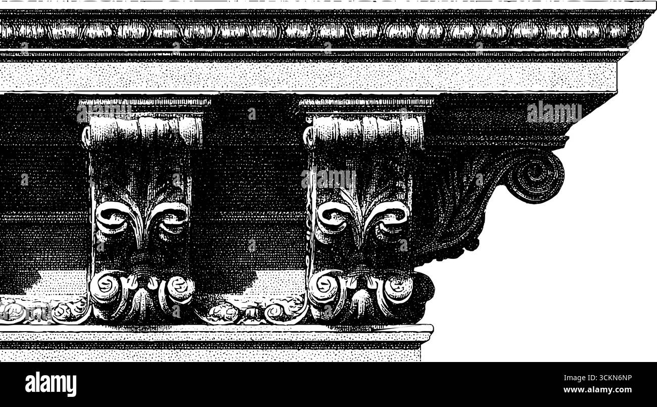 Facciata vittoriana con incisioni con dettagli architettonici ornati per progetti di design storici. Illustrazione Vettoriale