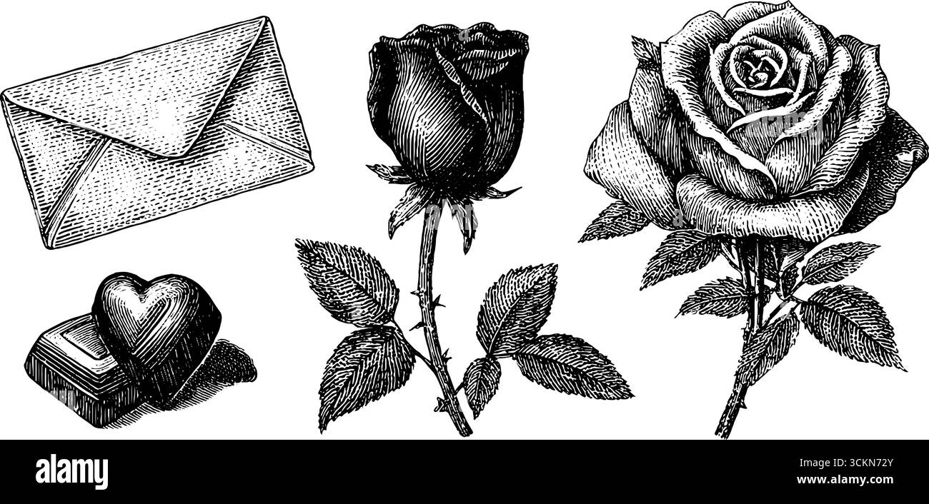 Set vintage inciso di cuori, rose e lettere di san valentino per un design romantico. Illustrazione Vettoriale