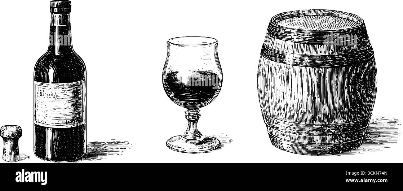 Illustrazione incisa di bottiglia di vino Porto, bicchiere e barile per un design vintage. Illustrazione Vettoriale