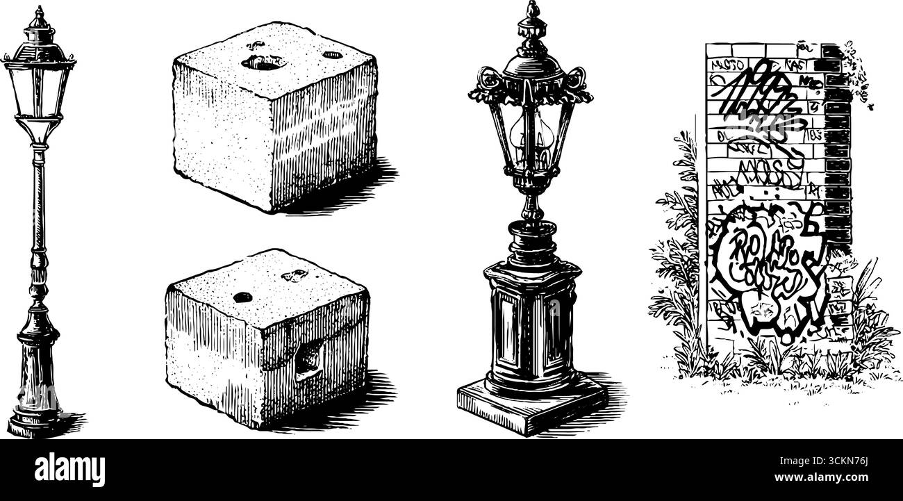 Set con incisioni vintage: Blocchi di cemento, lampade da strada antiche e pareti con graffiti. Illustrazione Vettoriale
