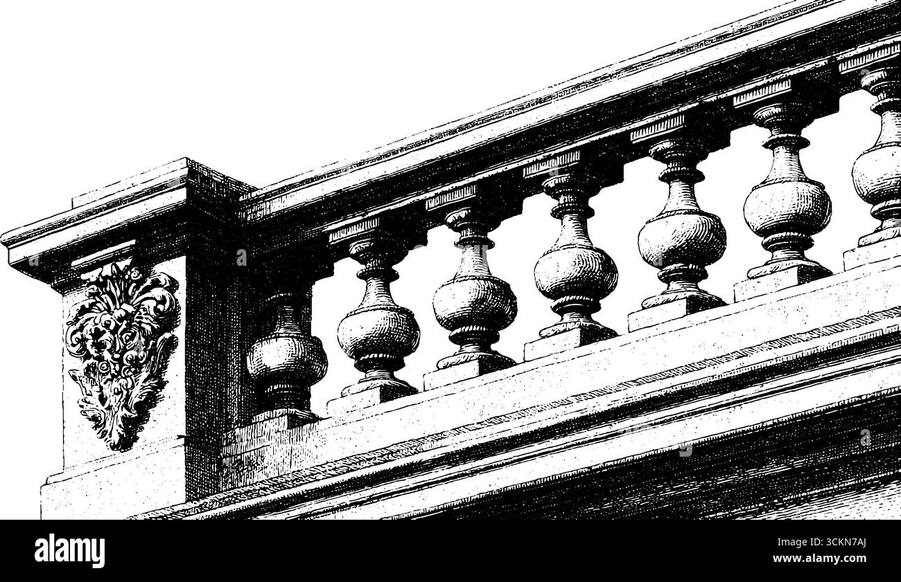 Facciata barocca del palazzo con incisione per un design architettonico storico. Illustrazione Vettoriale