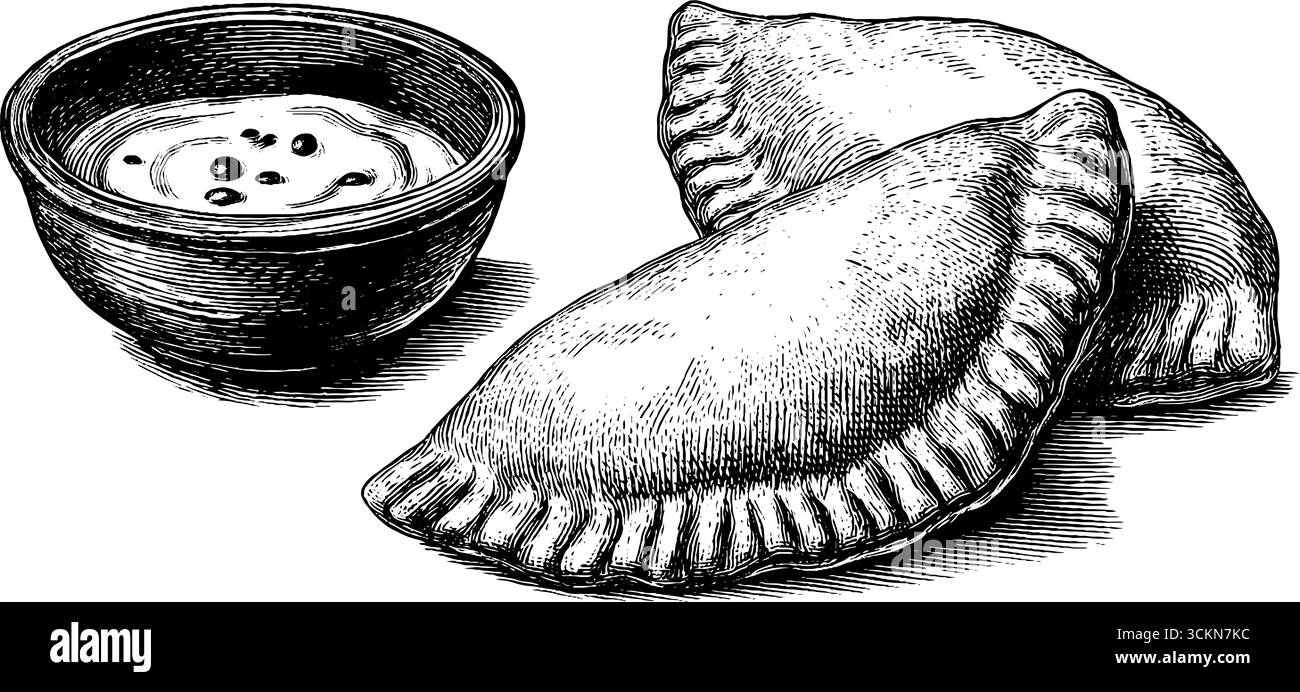 Arte culinaria incisa di empanadas e pomodori per il design e la decorazione del menu. Illustrazione Vettoriale