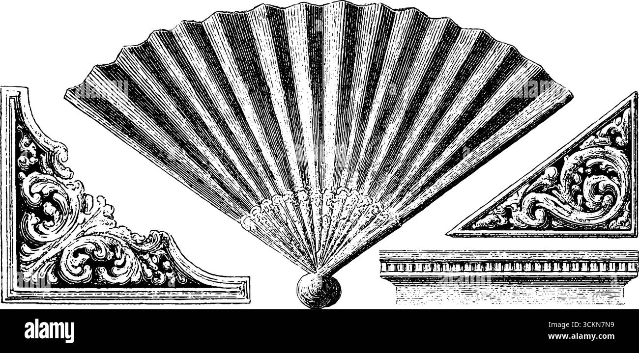 Ventilatore con incisione vintage e set di elementi architettonici ornamentali. Illustrazione Vettoriale
