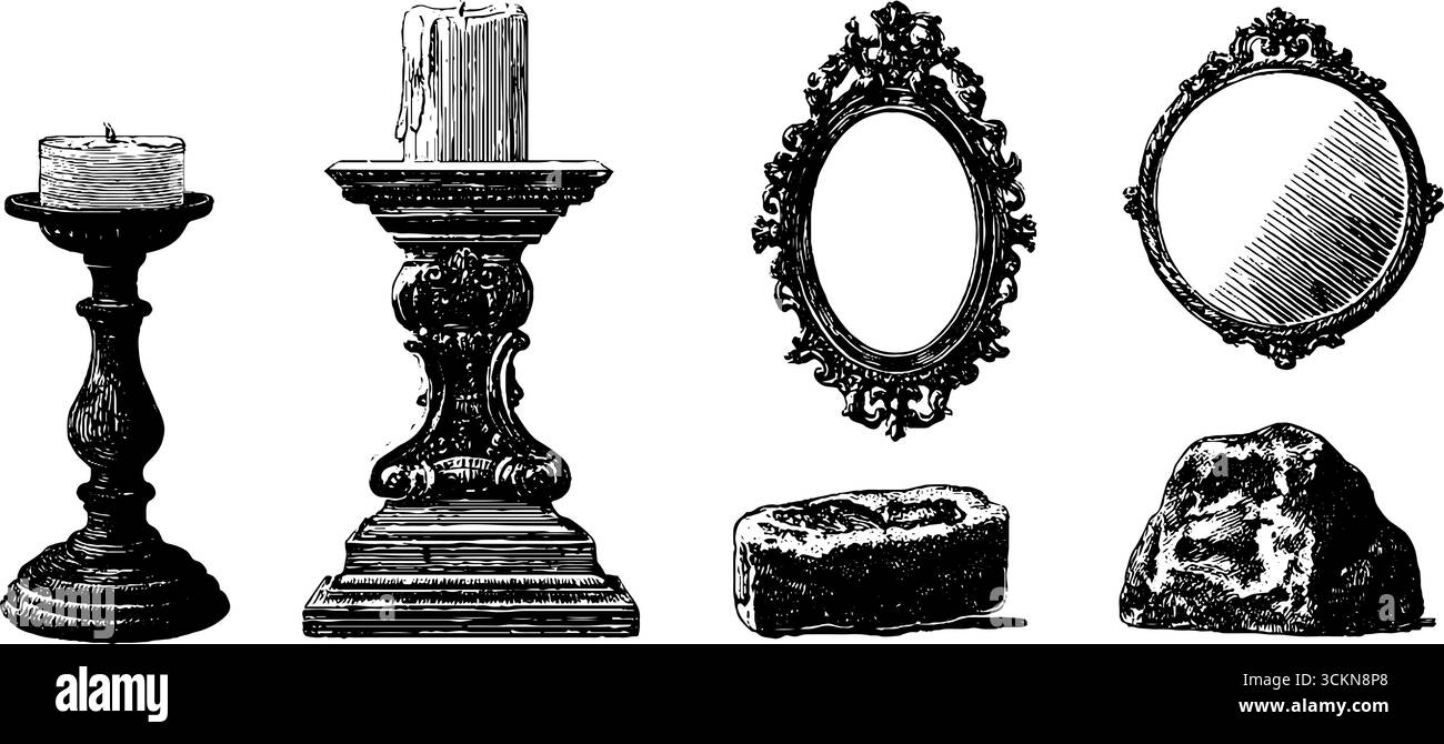 Illustrazioni vintage incise di cornici, portacandele e oggetti in ferro per il design. Illustrazione Vettoriale