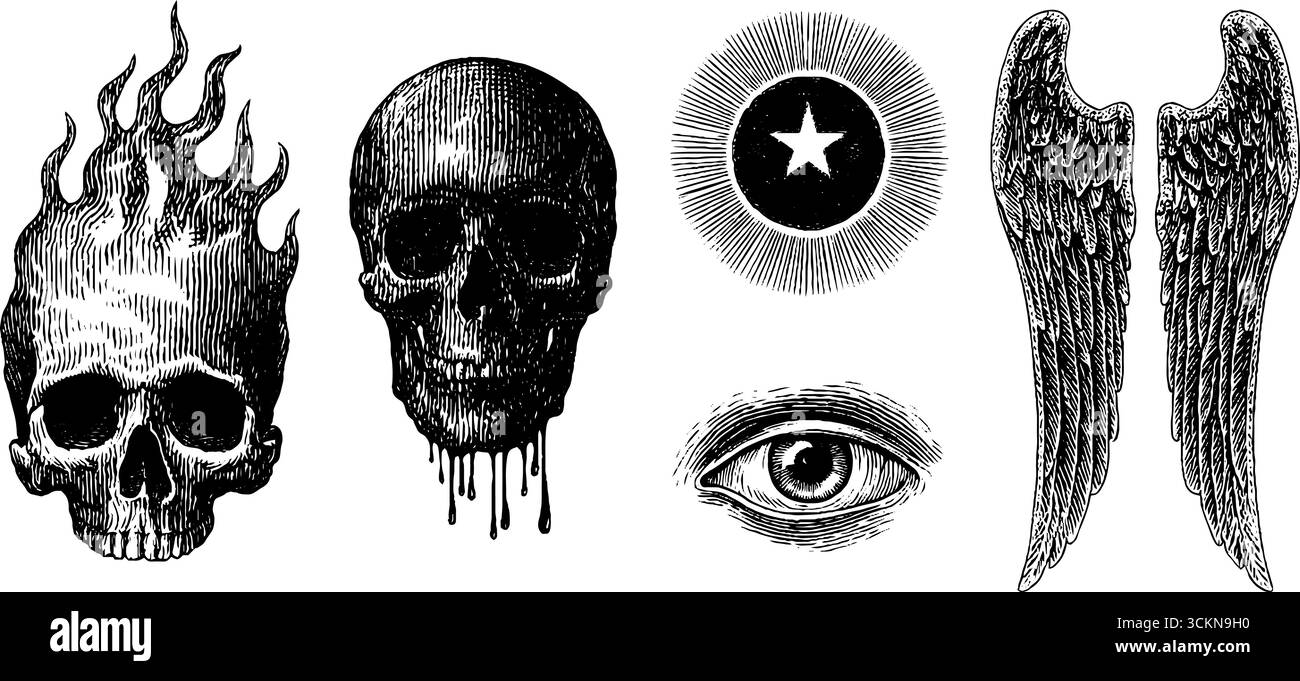 Set di illustrazioni incise: Fiamma fantasma, cranio, stella, occhio e arte alata per un design creativo. Illustrazione Vettoriale