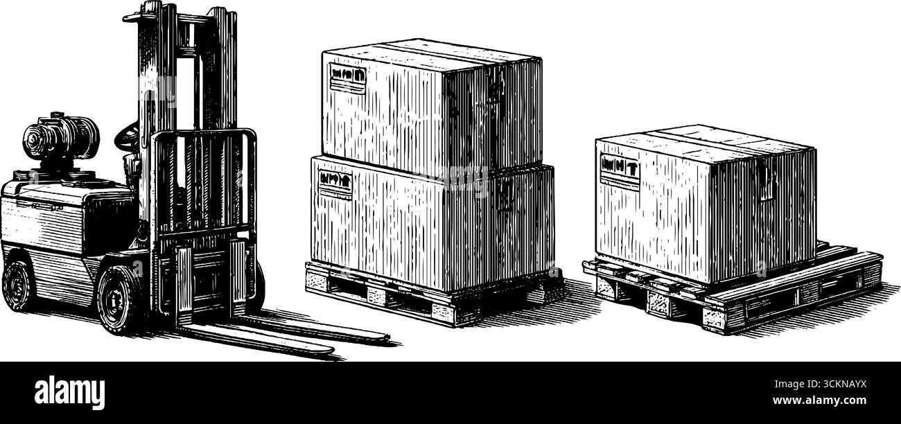 Set di attrezzature da magazzino vintage incise con martinetti per pallet e casse per il design industriale. Illustrazione Vettoriale