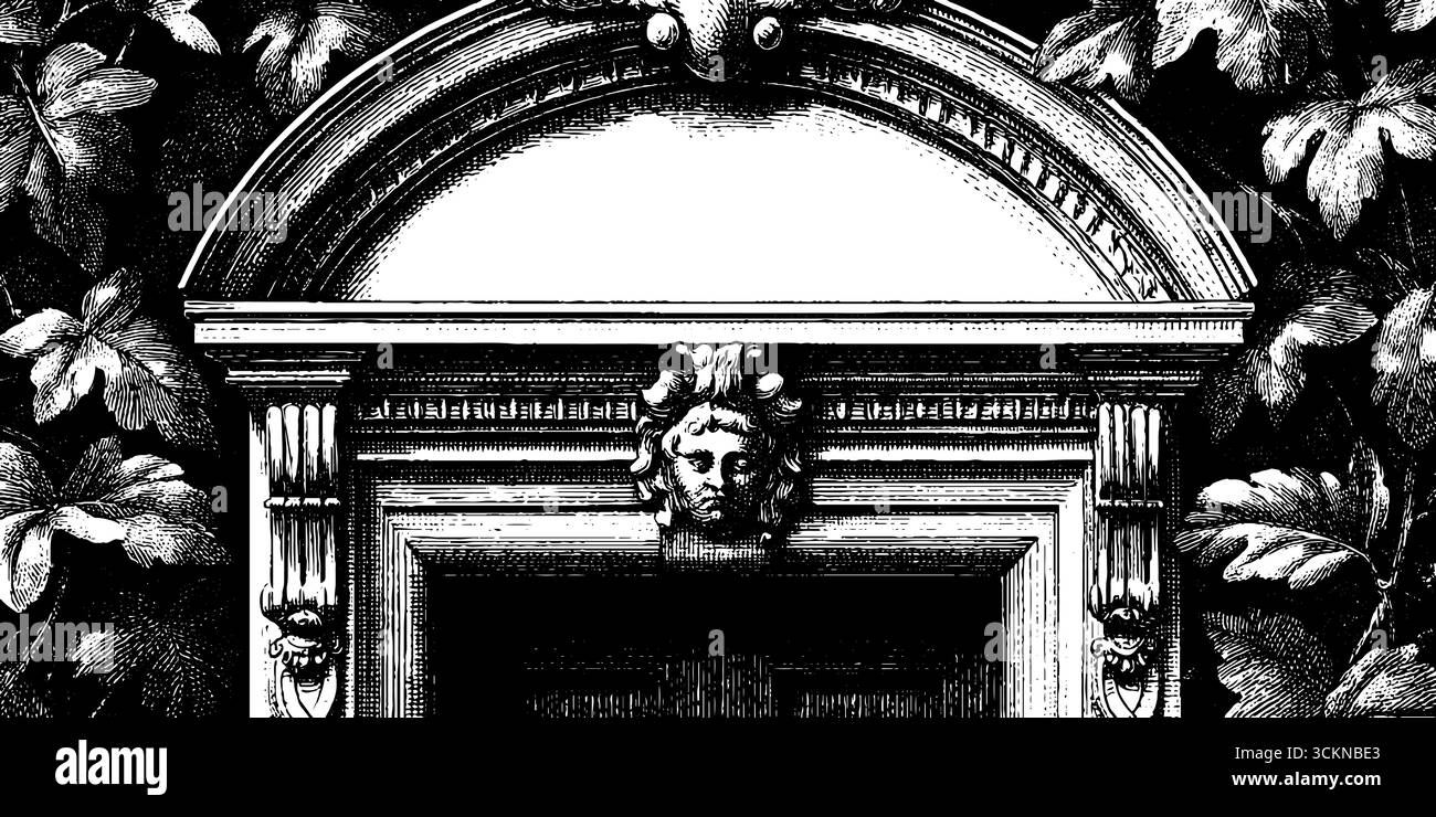 Illustrazione incisa della facciata barocca del maniero con dettagli architettonici ornati. Illustrazione Vettoriale