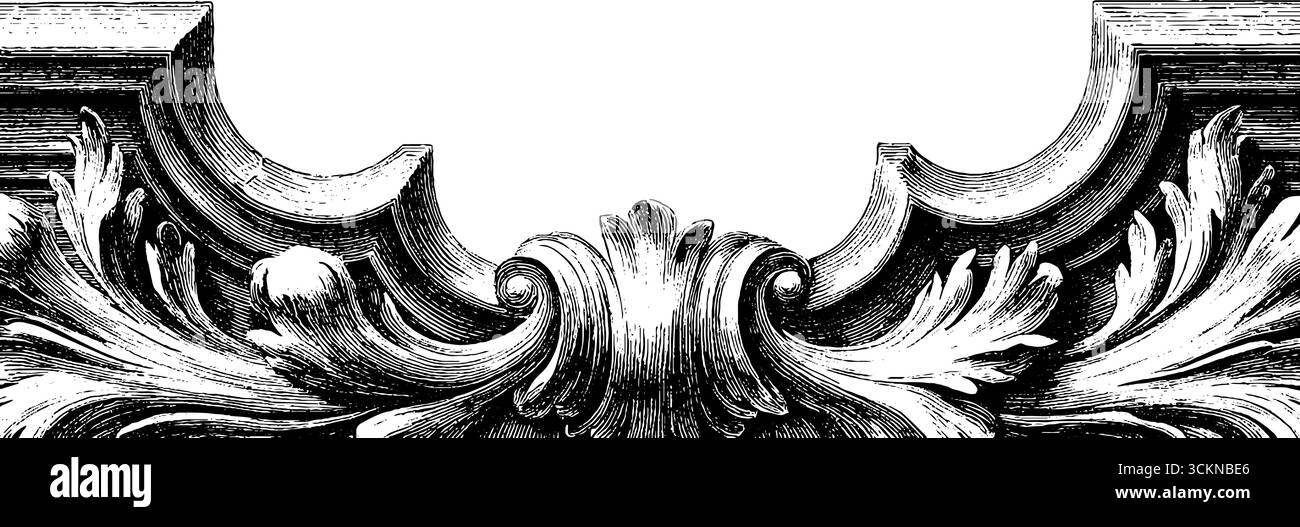 Facciata in stile barocco con incisioni e dettagli architettonici ornati per un design decorativo. Illustrazione Vettoriale