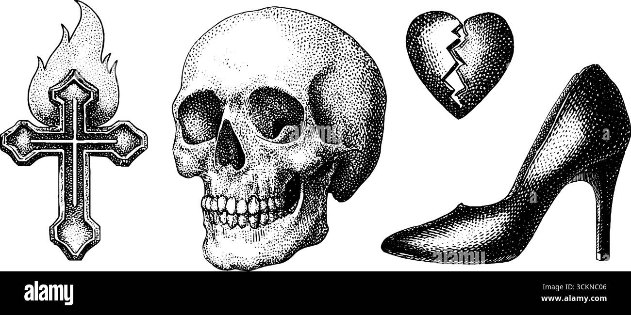 Set di illustrazioni incise a croce tribale, cranio, cuore spezzato e tallone alto. Illustrazione Vettoriale
