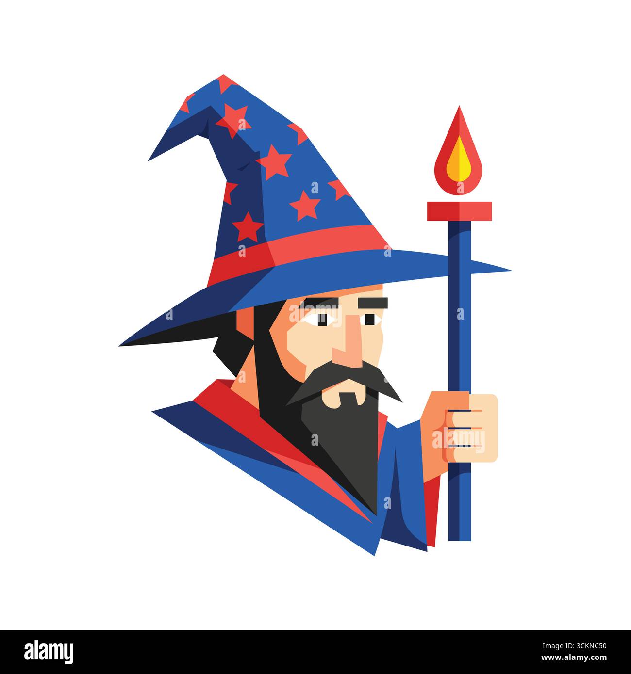 Misterioso mago con profilo laterale fiaccola fiammeggiante e un vettore di cappello stellato Illustrazione Vettoriale