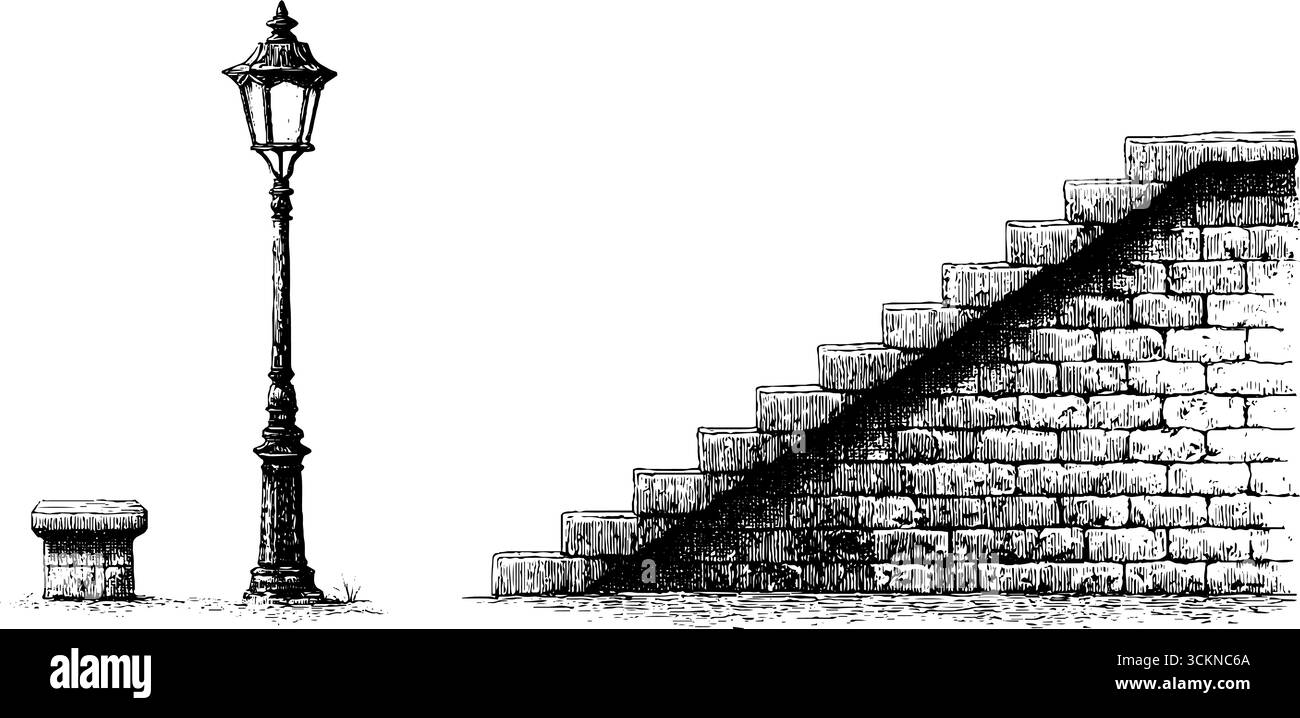 Gradini in cemento vintage e illustrazioni a lanterna per il design architettonico. Illustrazione Vettoriale