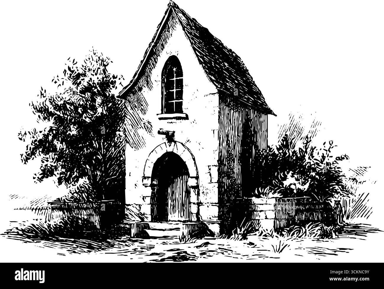 Illustrazione storica incisa di un edificio fortificato con ingresso ad arco. Illustrazione Vettoriale