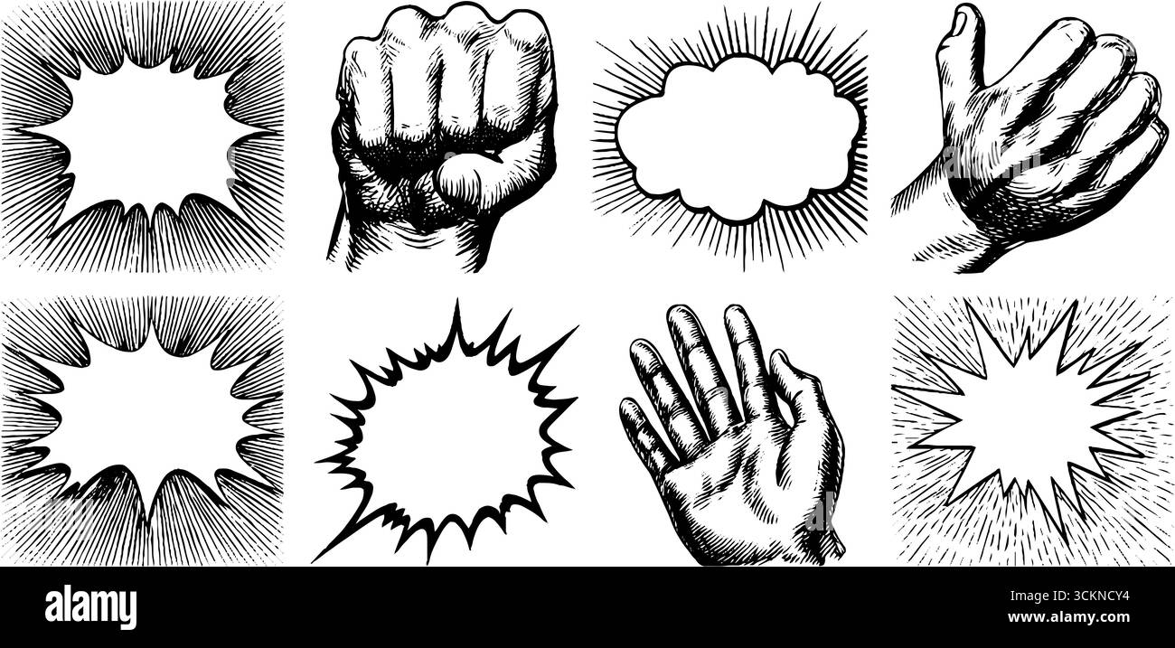Design retrò a fumetti con cornici incise e gesti dinamici delle mani. Illustrazione Vettoriale