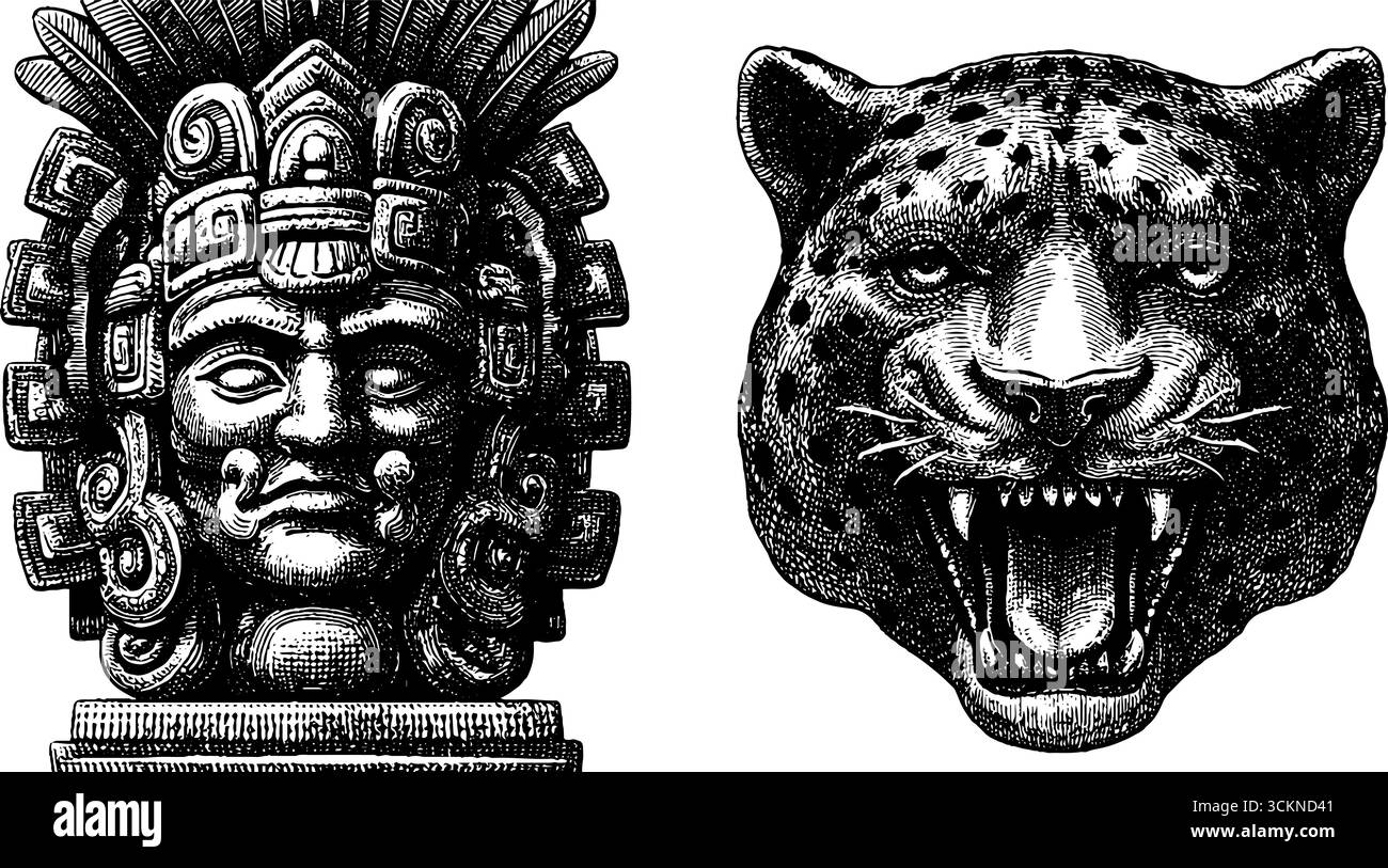 Le illustrazioni incise del dio azteco quetzalcoatl e jaguar si occupano di temi culturali e storici. Illustrazione Vettoriale