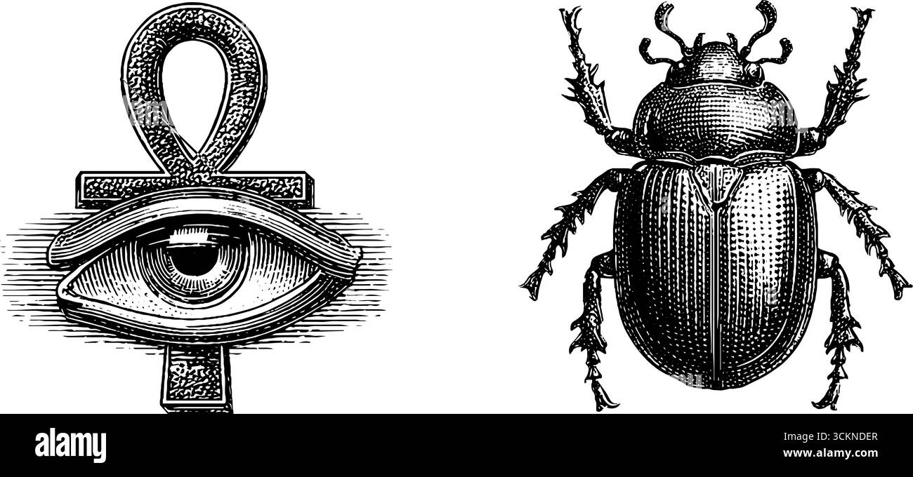 Antichi simboli egizi: ankh con disegno inciso su occhi e scarabeo. Illustrazione Vettoriale