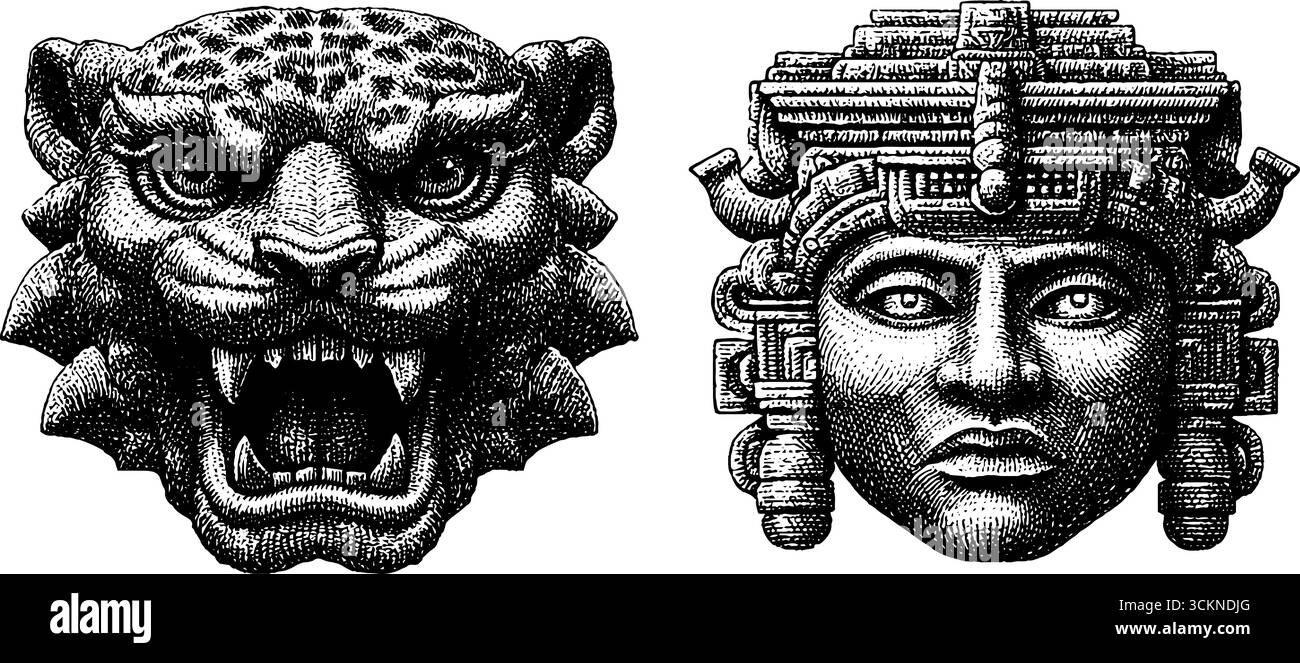 Illustrazioni incise di simboli aztechi e divinità huitzilopochtli per progetti culturali. Illustrazione Vettoriale
