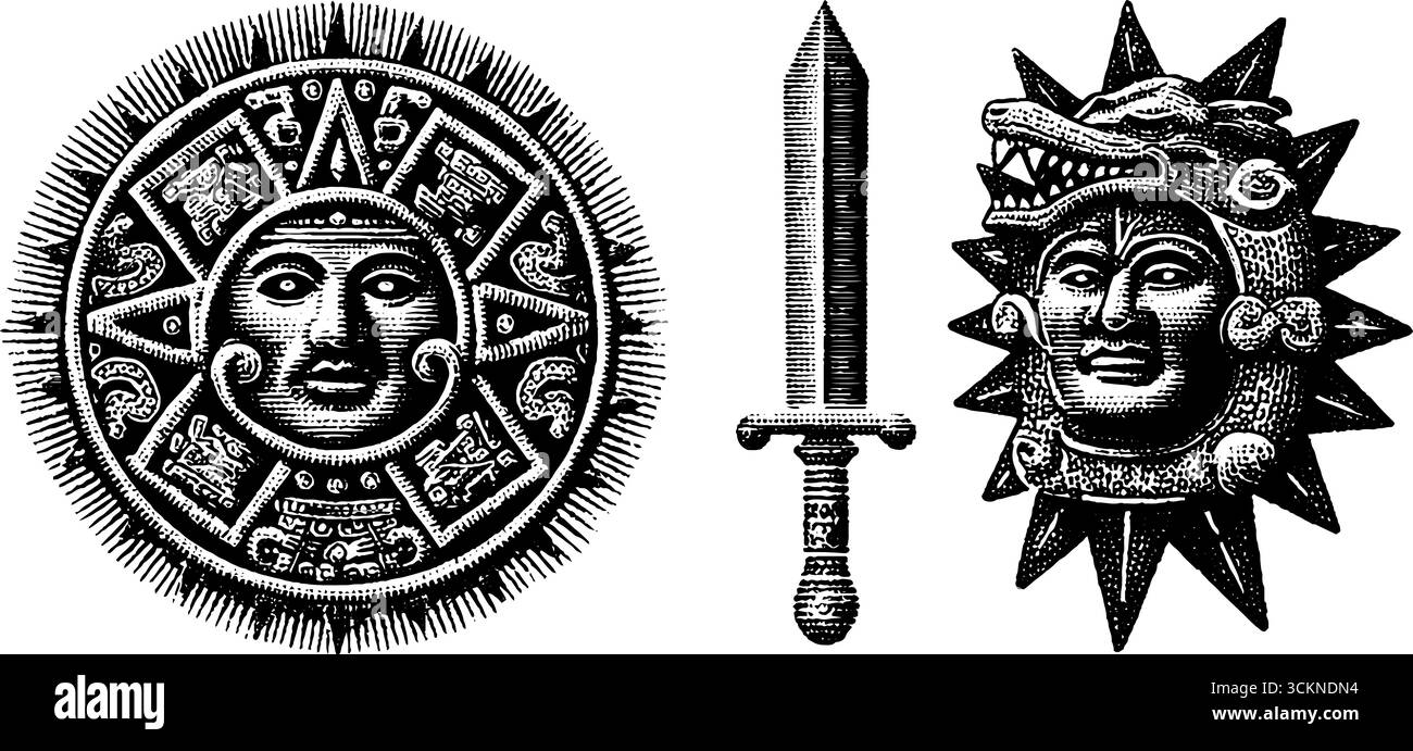 Pietra solare azteca, mitica maschera guerriera e antica incisione di spada. Illustrazione Vettoriale