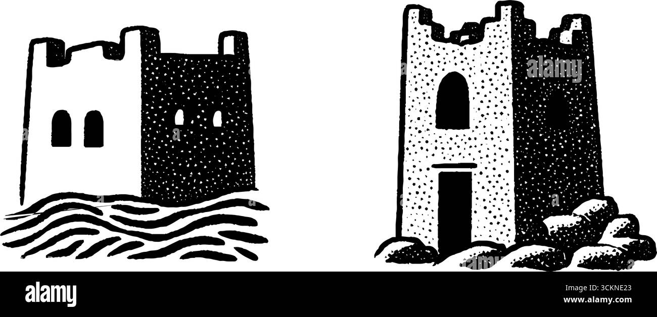 Serie di illustrazioni incise dell'architettura della kasbah berbera per il design culturale. Illustrazione Vettoriale