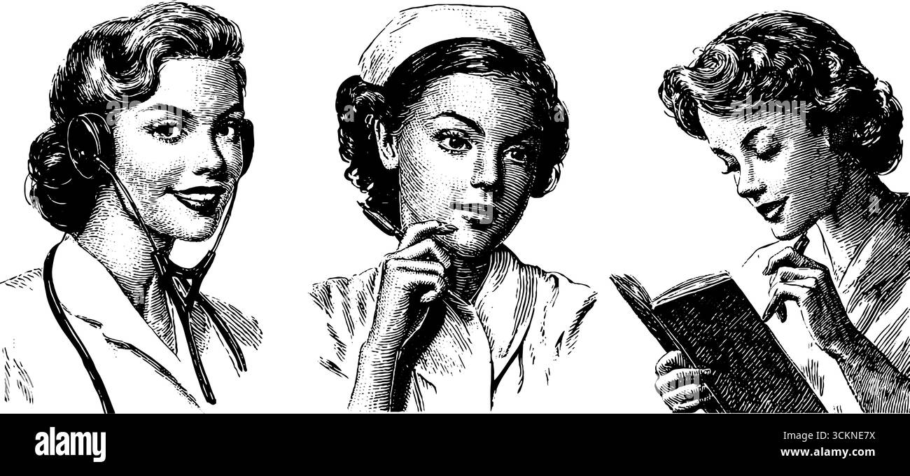 Set di illustrazioni incise di infermiere felici con stetoscopio, cappello e libro. Illustrazione Vettoriale