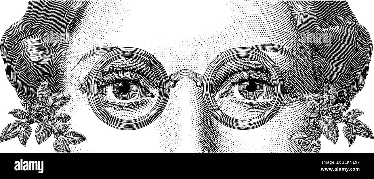 Ritratto vintage dell'epoca jazz con dettagli incisi ed elegante design degli occhiali. Illustrazione Vettoriale