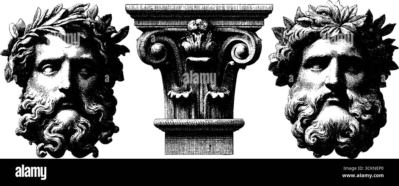 Figure in marmo classico e dettagli architettonici incisioni per ispirazione artistica e di design. Illustrazione Vettoriale