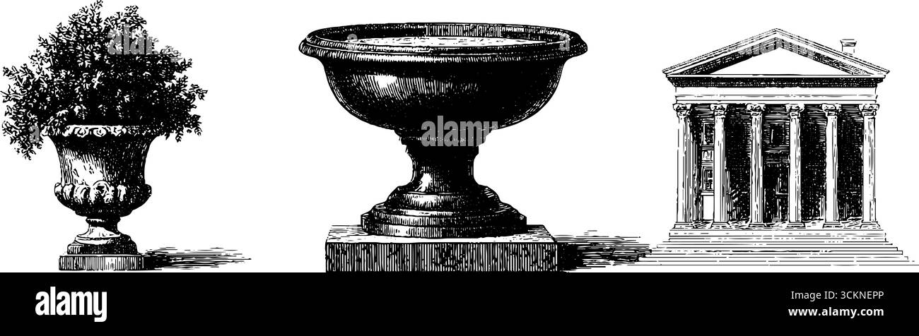 Villa neoclassica ed elementi architettonici incisi per design e decor. Illustrazione Vettoriale