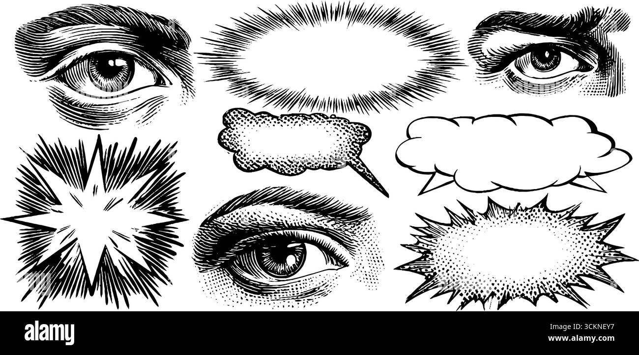 Bolle e occhi incisi in stile fumetto per la grafica. Illustrazione Vettoriale