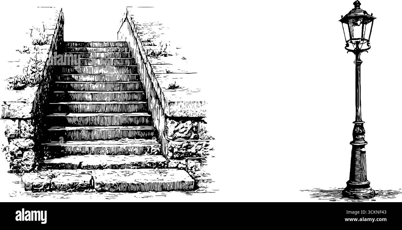 Illustrazione incisa di gradini in cemento e lampione stradale classico per il design architettonico. Illustrazione Vettoriale