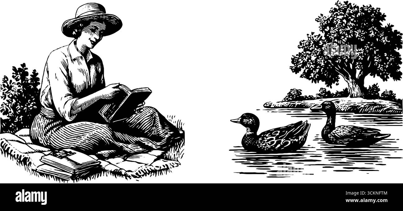 Illustrazione incisa dell'insegnante che legge in riva al fiume con anatre e alberi. Illustrazione Vettoriale