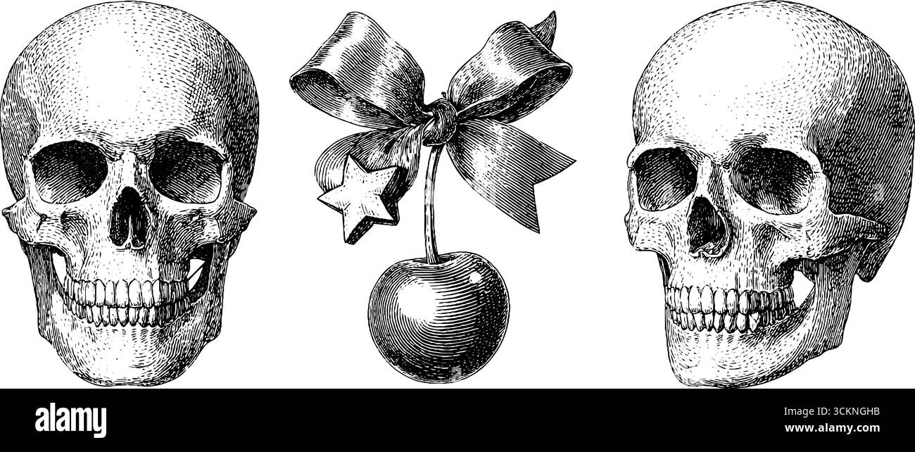 Teschio inciso con arco e ciliegio per la decorazione artistica. Illustrazione Vettoriale