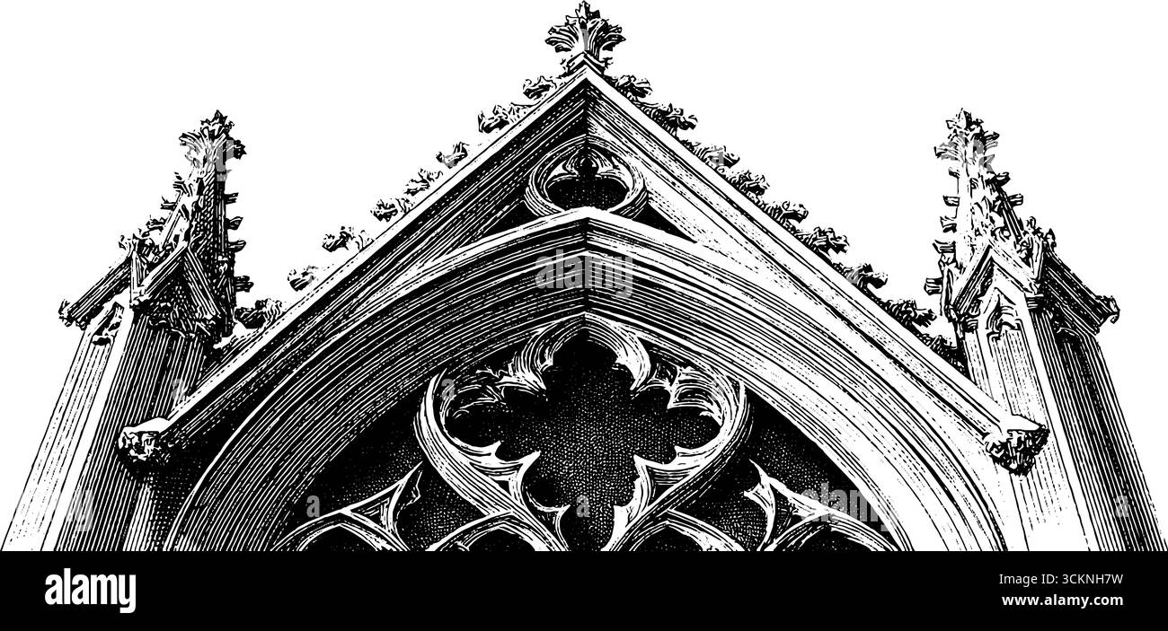 Intricata incisione di architettura gotica con dettagli architettonici ornati per l'arte e il design. Illustrazione Vettoriale