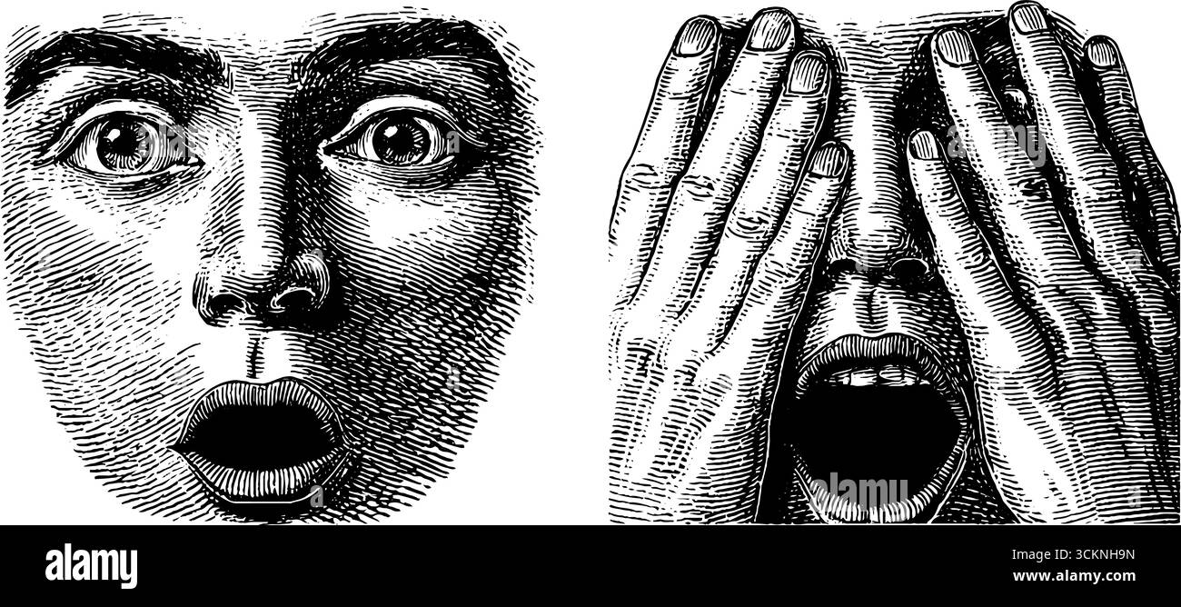 Volti sorpresi e sbadiglianti che incidono arte per temi emozionali ed espressivi. Illustrazione Vettoriale