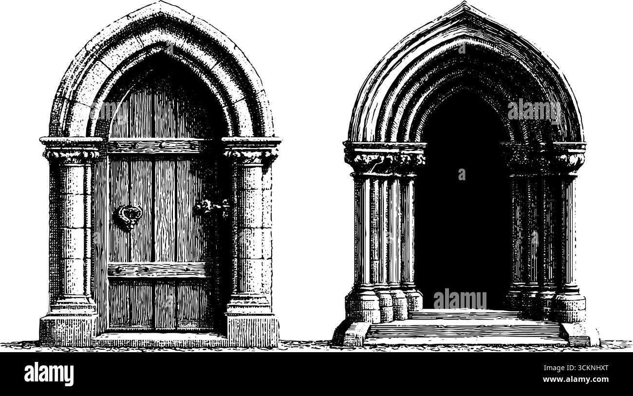 Porte architettoniche medievali: Illustrazioni incise per progetti di design storico. Illustrazione Vettoriale