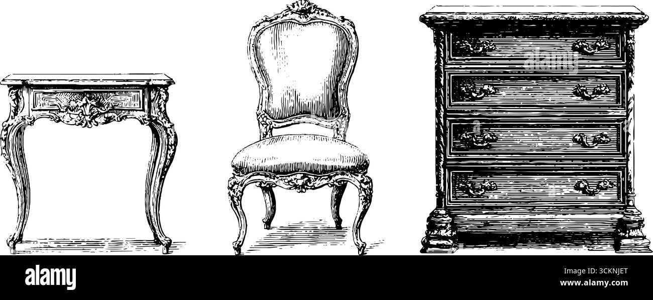 Set di mobili vintage queen anne con toeletta, sedia e petto. Illustrazione Vettoriale