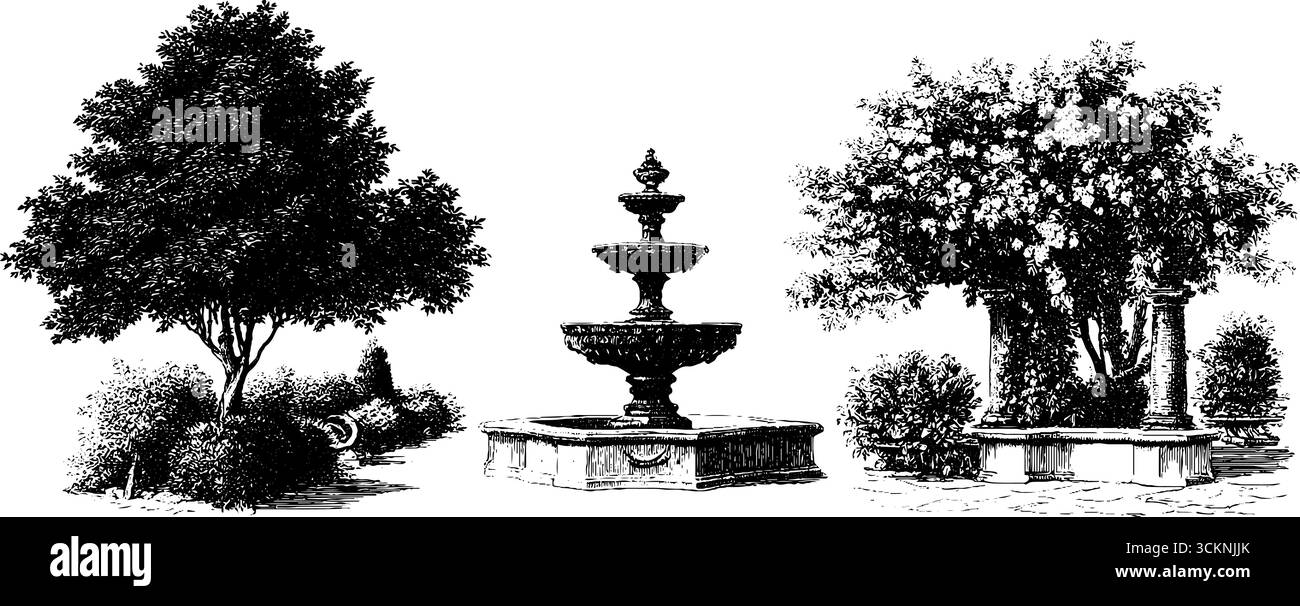 Decorazioni in giardino rococò decorate con alberi floreali e fontane. Illustrazione Vettoriale