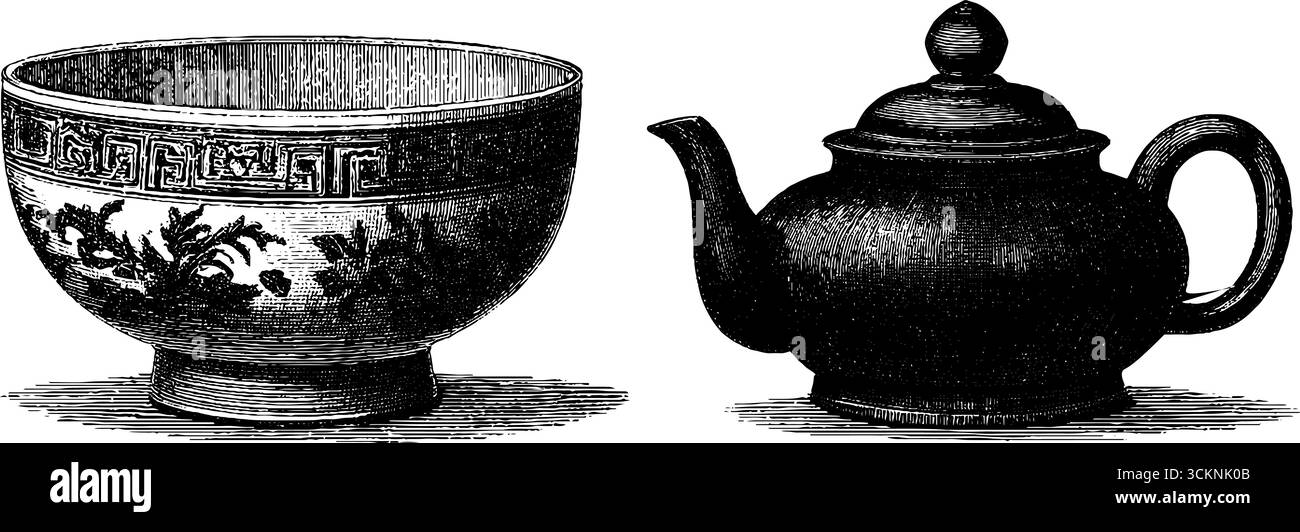 Illustrazione incisa dell'antica ciotola in bronzo cinese e set di teiera. Illustrazione Vettoriale