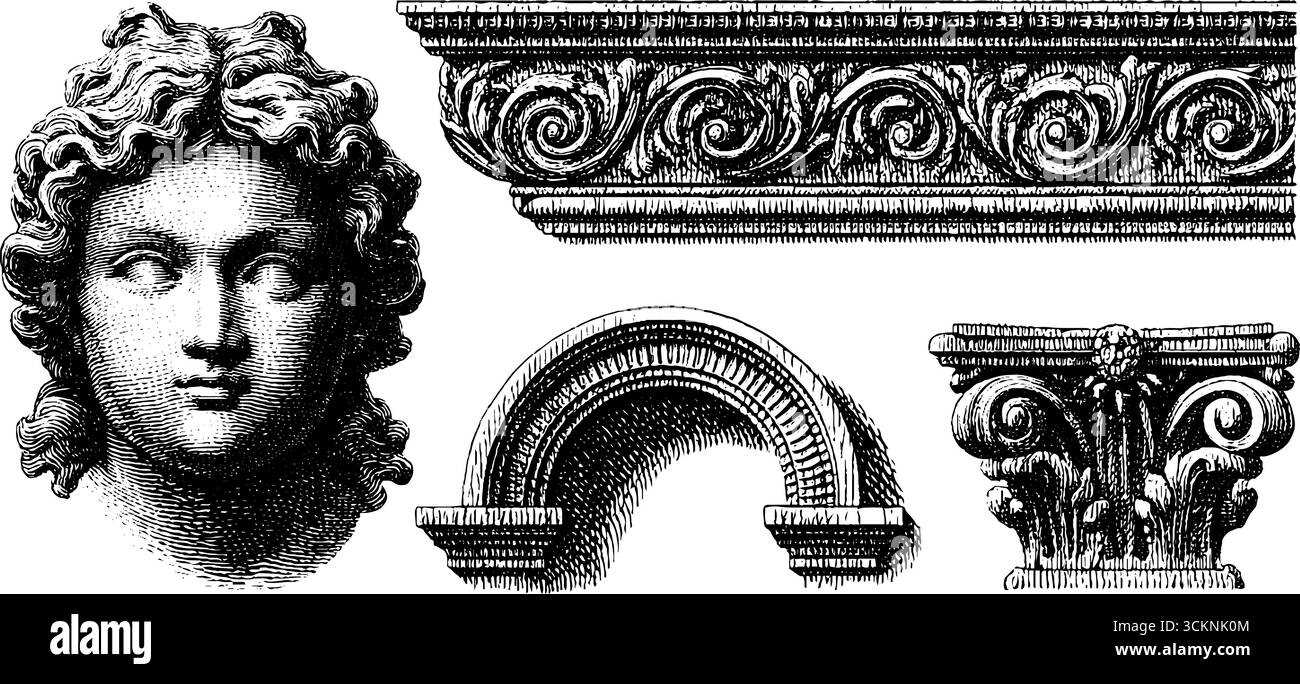 Classica scultura d'angelo e dettagli architettonici in stile inciso per il design e la decorazione. Illustrazione Vettoriale