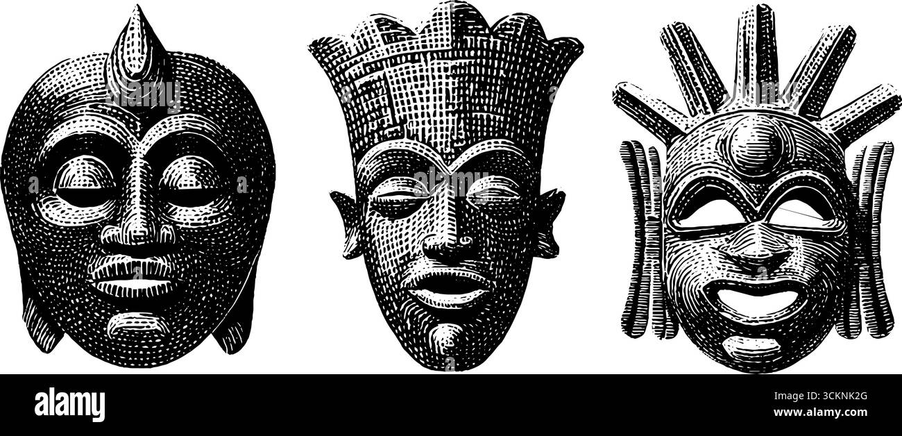 Illustrazione incisa della collezione di maschere cerimoniali tikar per l'esplorazione culturale e artistica. Illustrazione Vettoriale