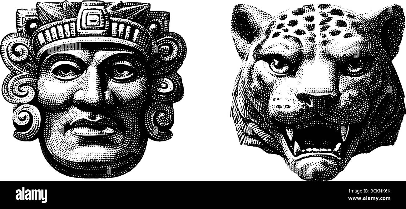 Intricate illustrazioni incise del dio azteco quetzalcoatl e della testa di jaguar. Illustrazione Vettoriale