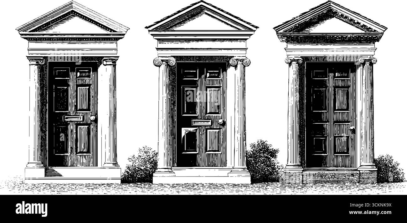Design di porte coloniali storiche - incisione del patrimonio architettonico. Illustrazione Vettoriale